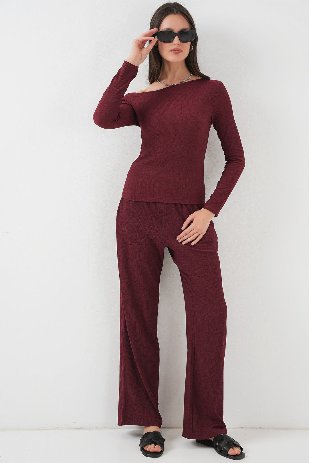 BGD Women Low Shoulder Top Set - Burgundy - Völklingen