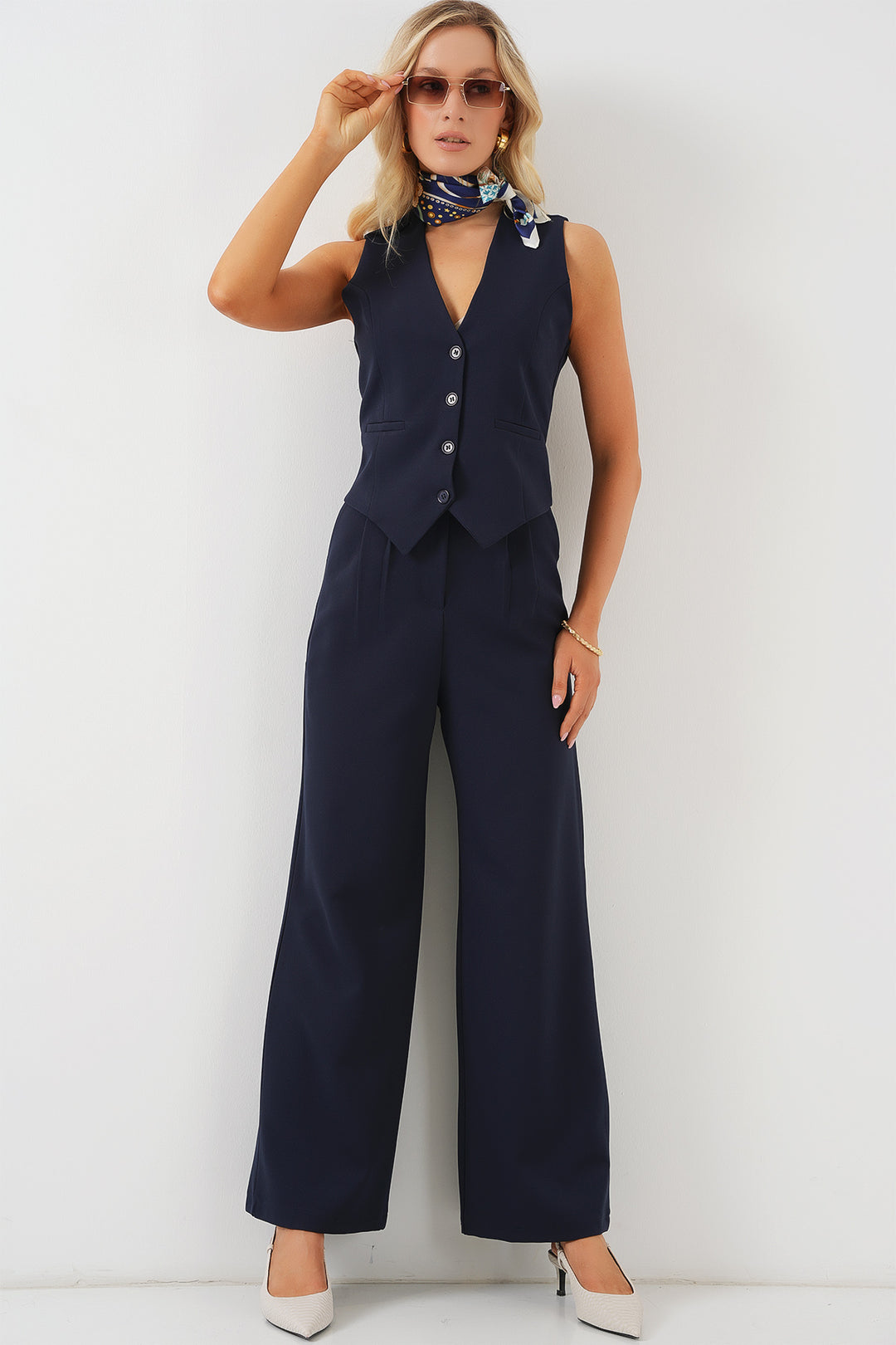 BGD Women Women's Vest Pantsuit Set - Navy Blue - Elkhart