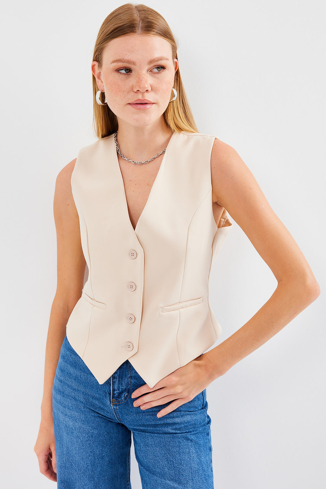 BGD Women Short Woven Vest - Cream - Sittingbourne