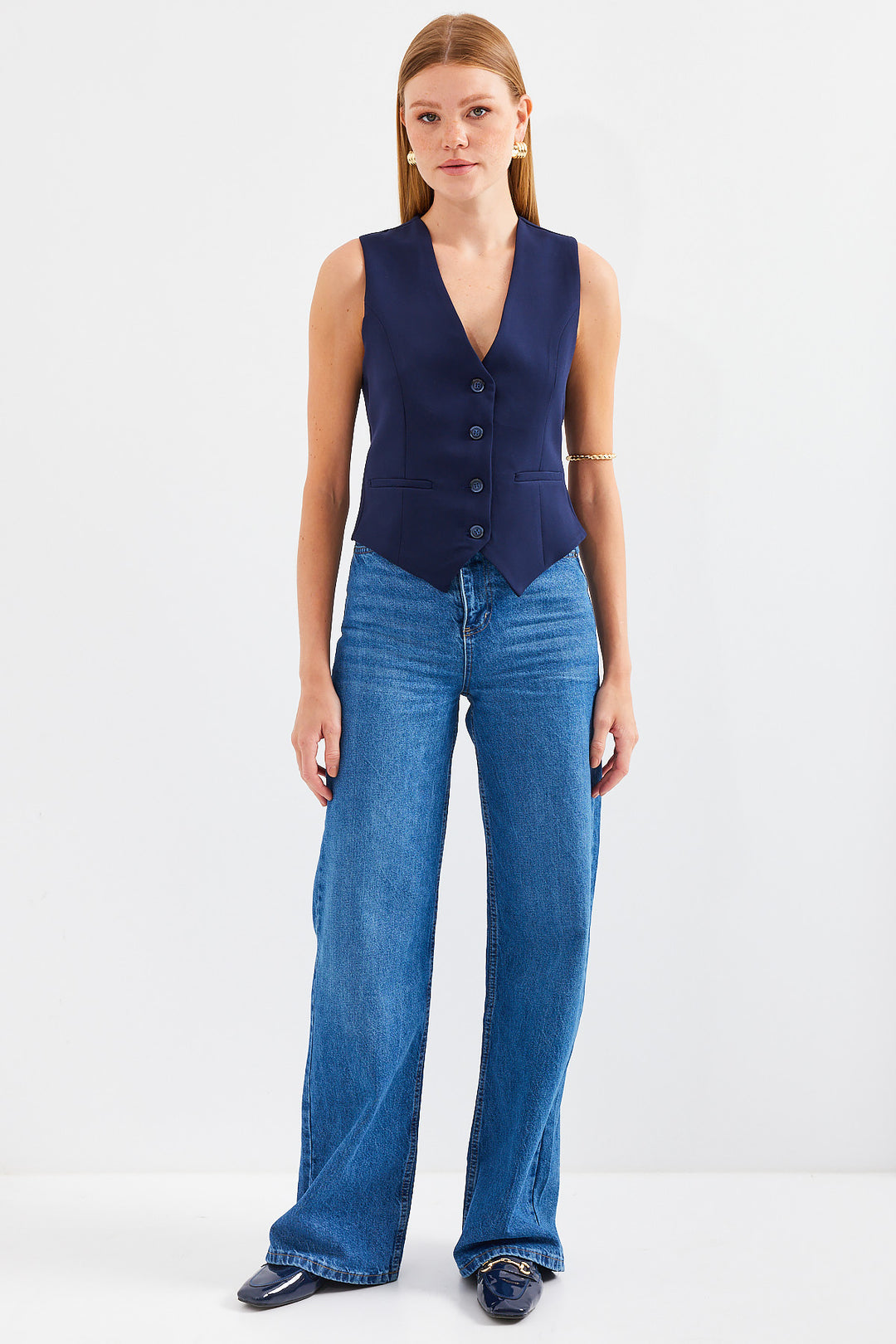 BGD Women Short Woven Vest - Navy Blue - Avondale