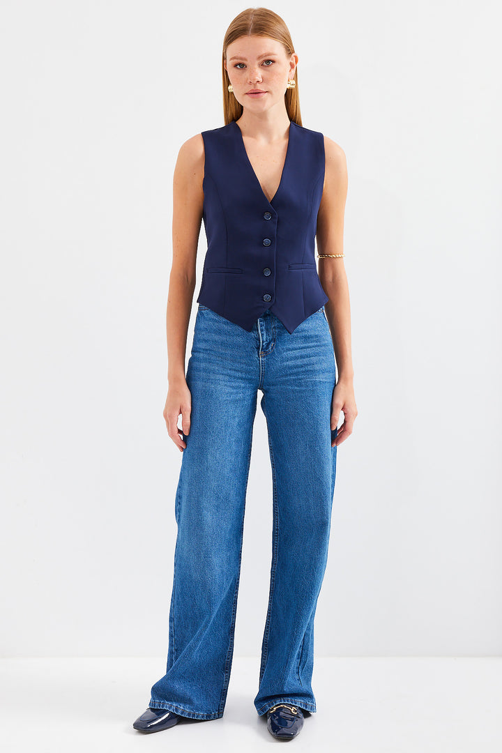 BGD Women Short Woven Vest - Navy Blue - Avondale