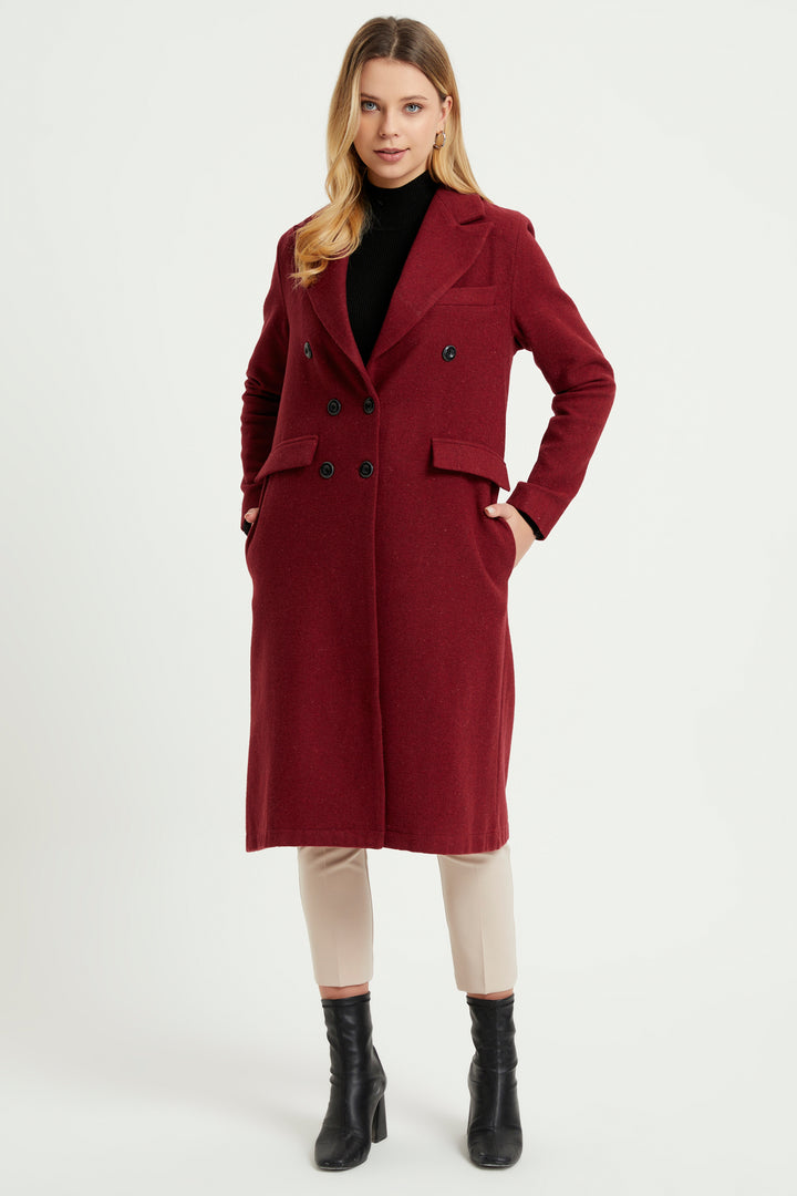 ZRF Women Buttoned V Neck Coat - Burgundy - Brandon