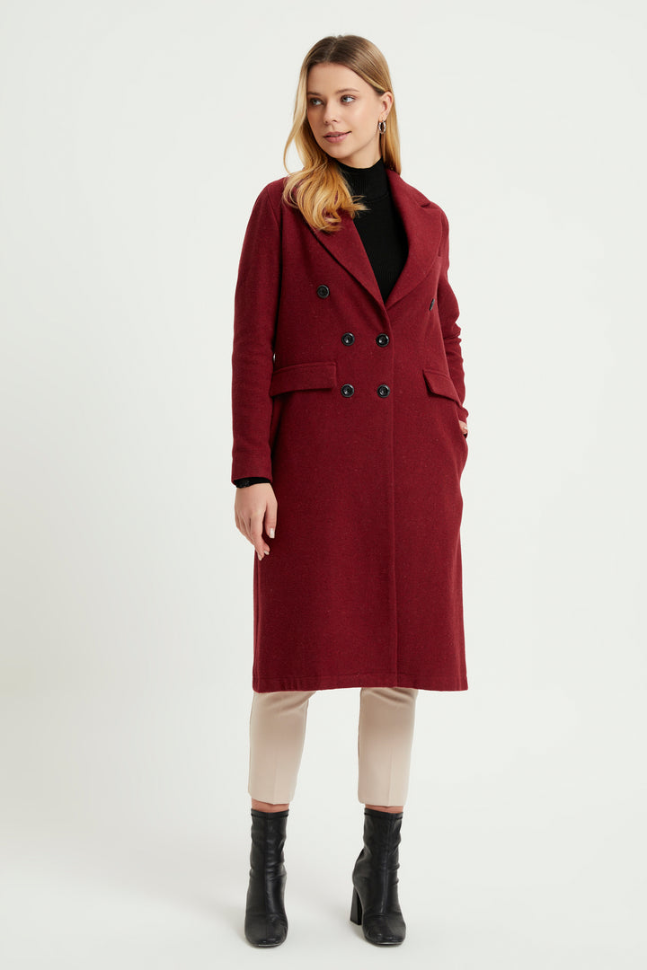 ZRF Women Buttoned V Neck Coat - Burgundy - Brandon