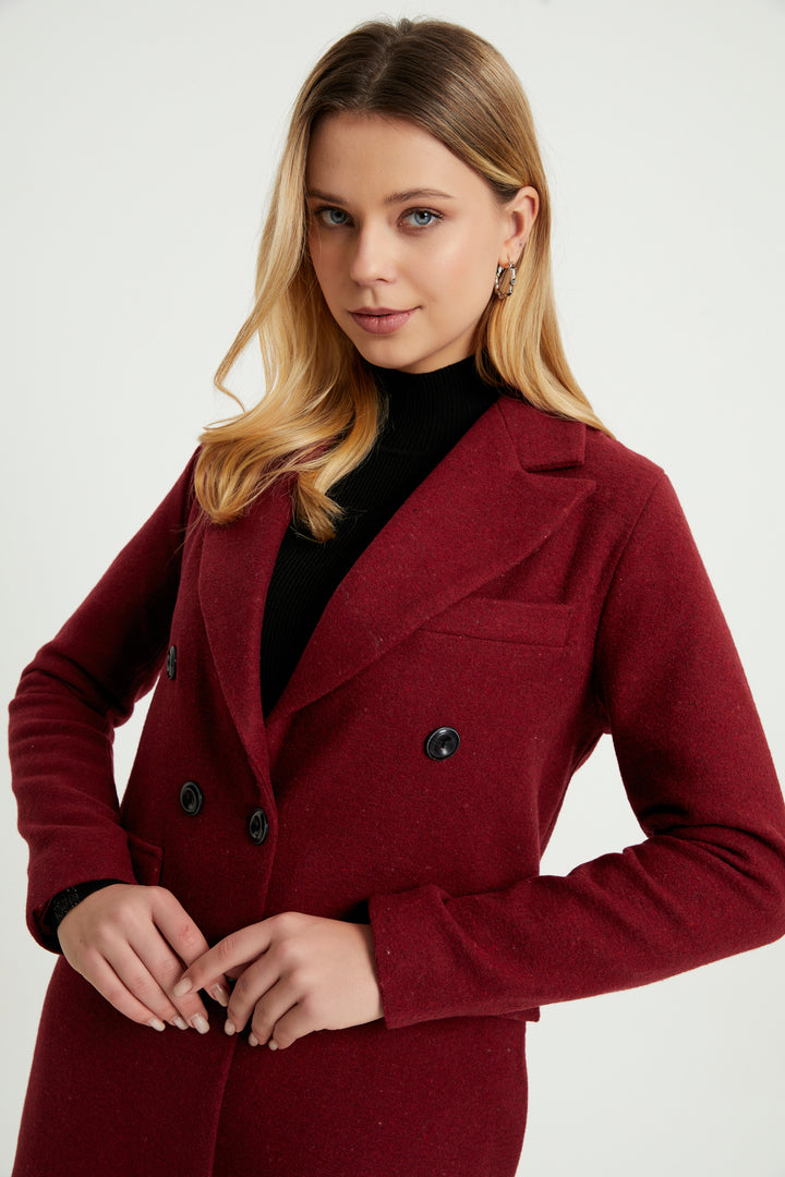 ZRF Women Buttoned V Neck Coat - Burgundy - Brandon