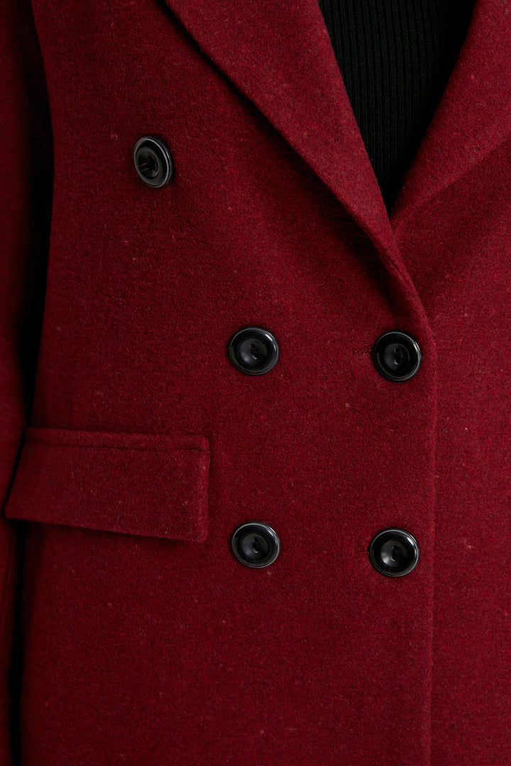 ZRF Women Buttoned V Neck Coat - Burgundy - Brandon