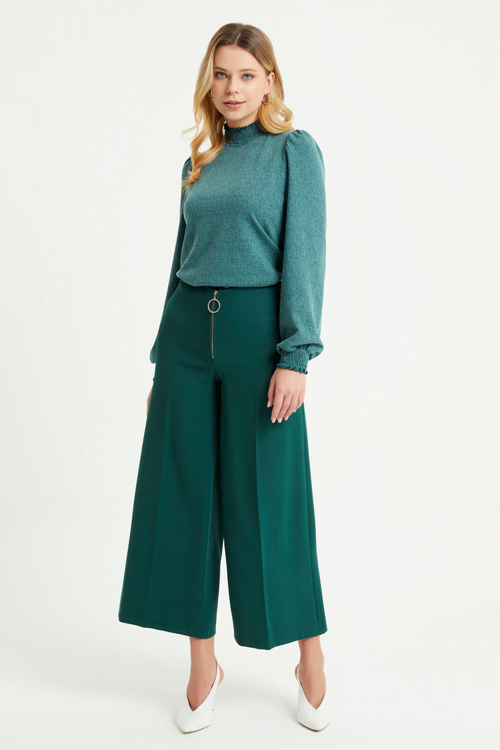 ZRF Women Zippered Wide Leg Pants - Emerald - Downey
