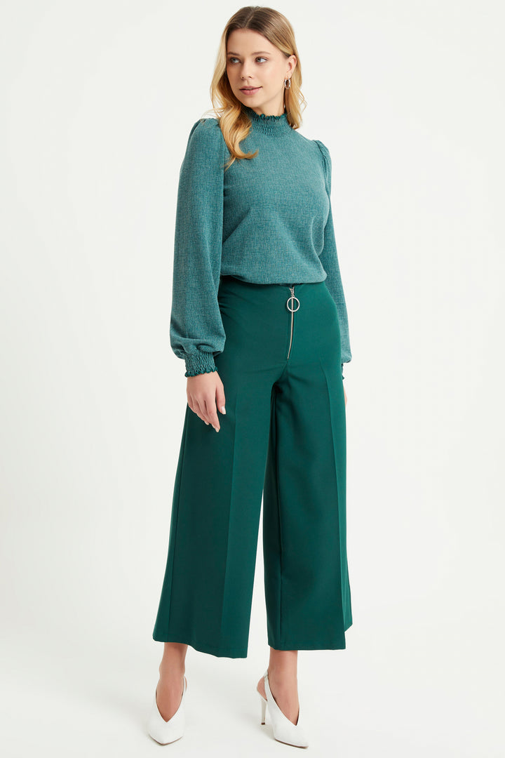 ZRF Women Zippered Wide Leg Pants - Emerald - Downey