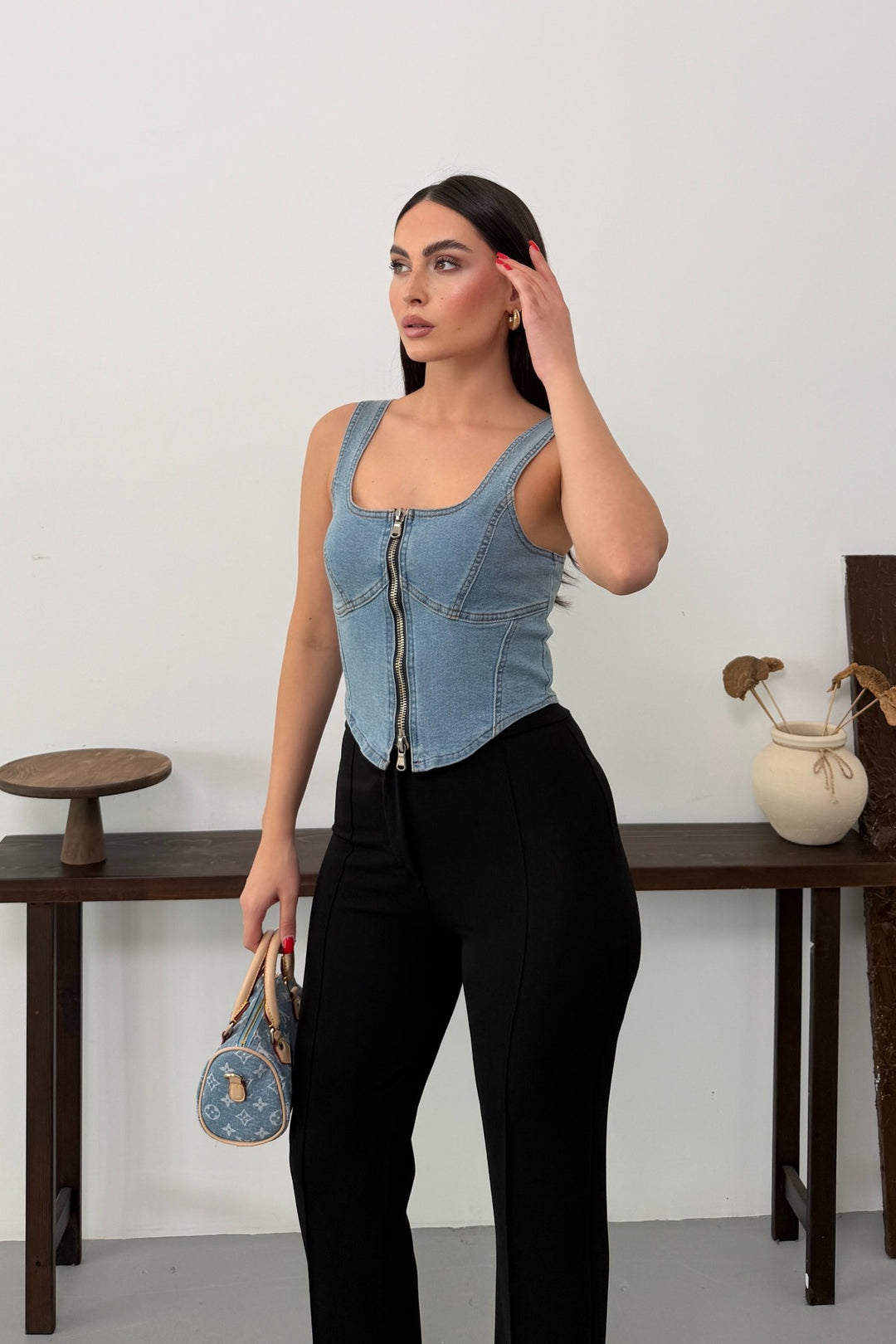 XLJ Denim Bustier with Front Zipper - Grapevine