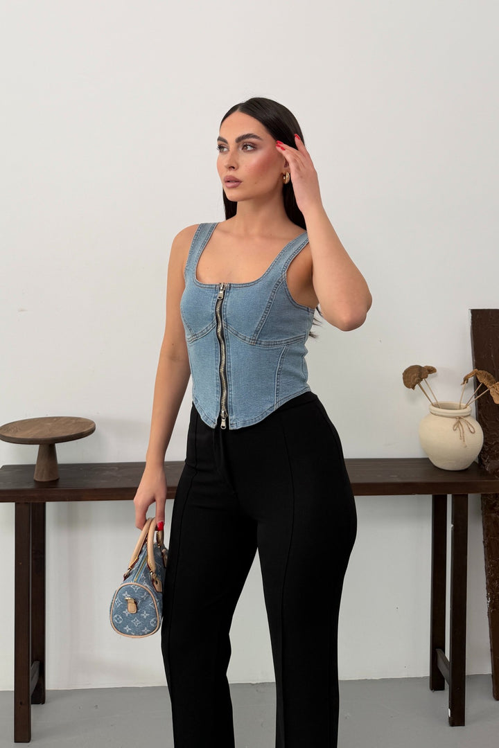 XLJ Denim Bustier with Front Zipper - Grapevine