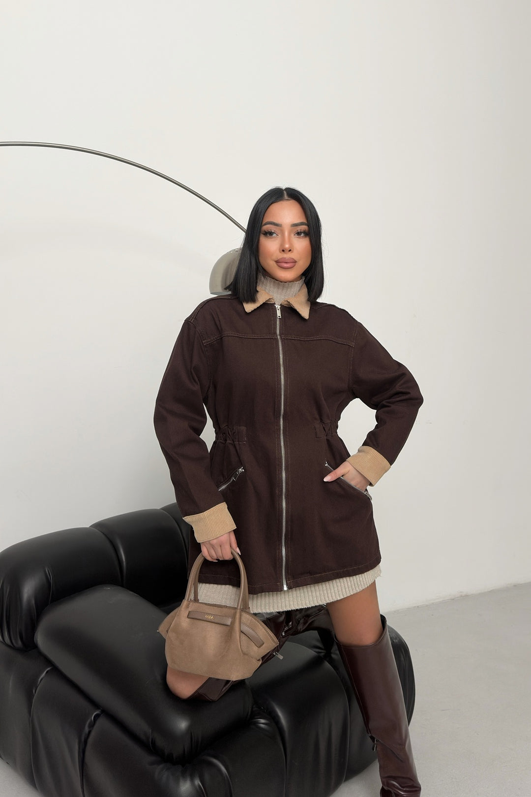 XLJ Velvet Piece Detailed Zippered Denim Jacket - Aurora