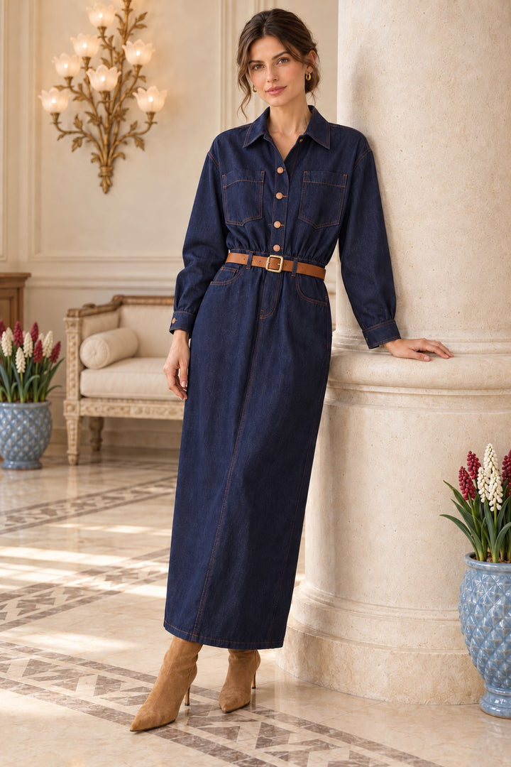 XLJ Belted Shirt Draped Denim Dress 3101 - Alexandria