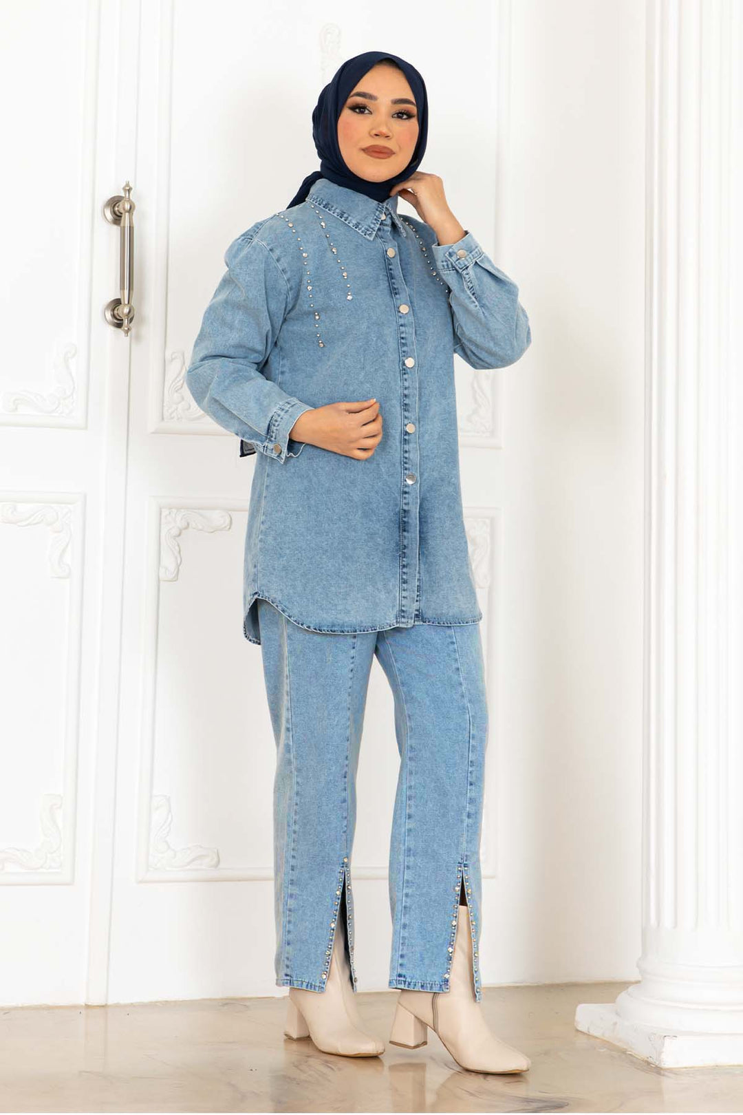 BNG Women Paçası Yırtmaçlı Taş Detaylı Kot Takım Mavi 370  - San Giorgio a Cremano