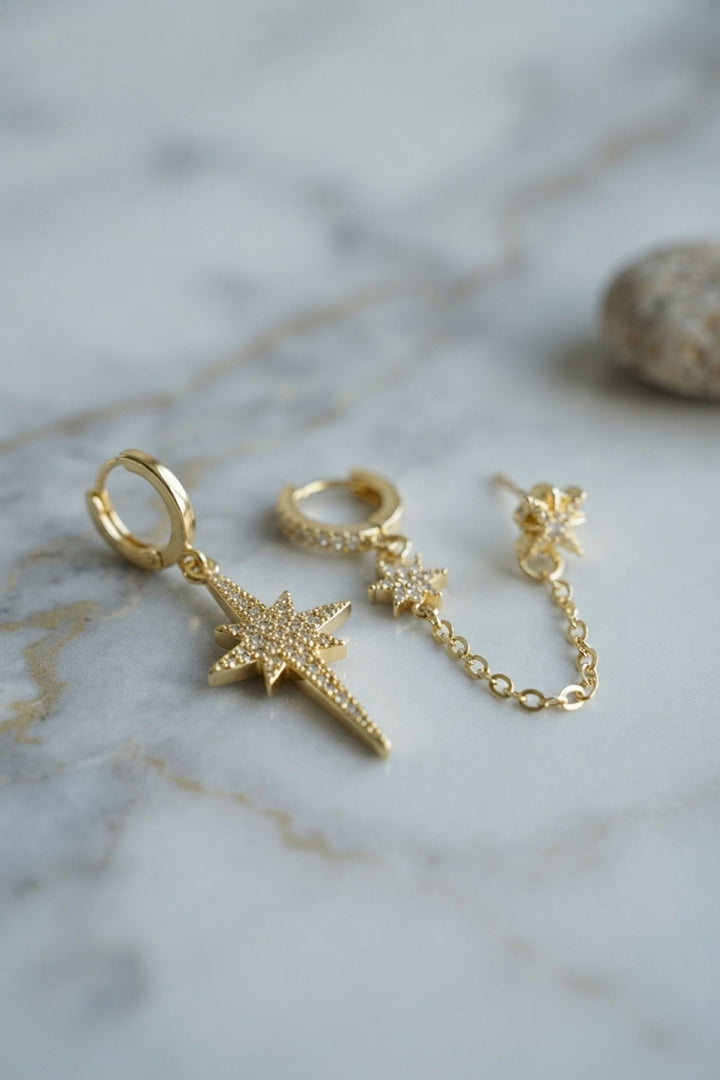 EBJ 3 lü Set Küpe Gold Renk Zincir Detaylı - San Juan Capistrano