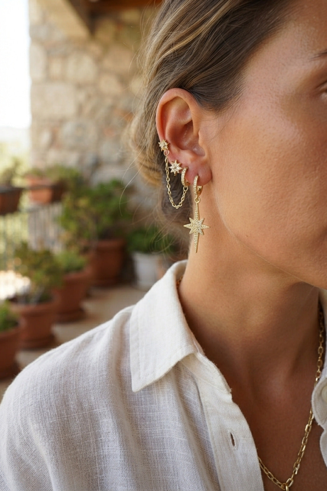 EBJ 3 lü Set Küpe Gold Renk Zincir Detaylı - San Juan Capistrano