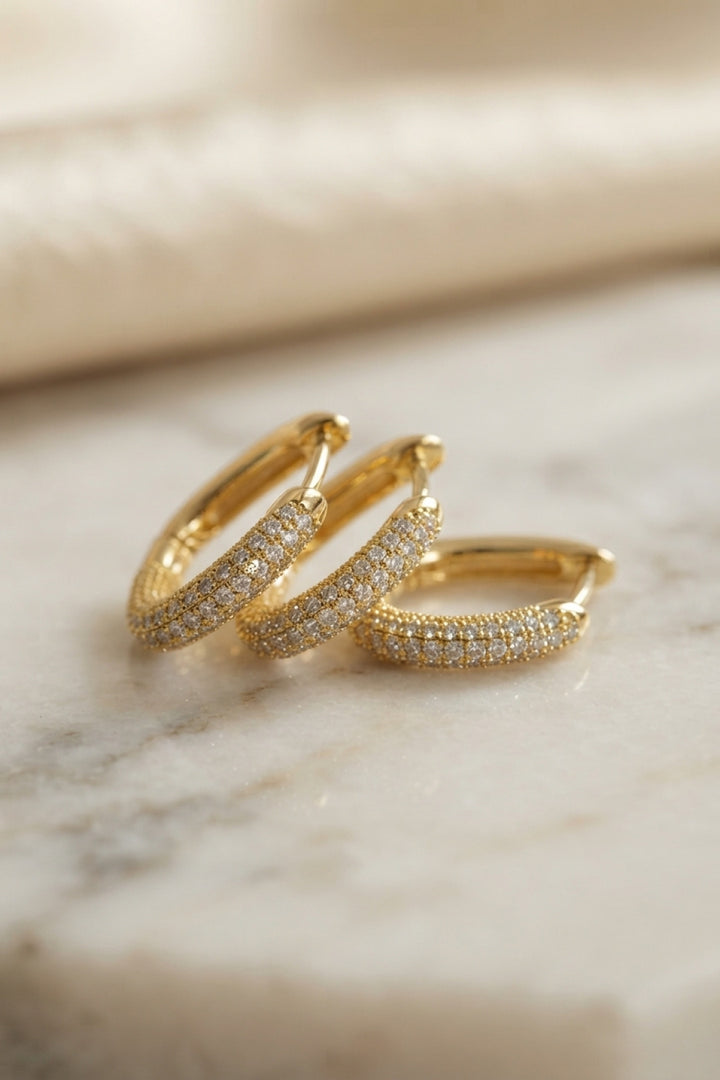 EBJ 3 lü Set Gold Renk Zirkon Taşlı Kare Halka Küpe - Toronto