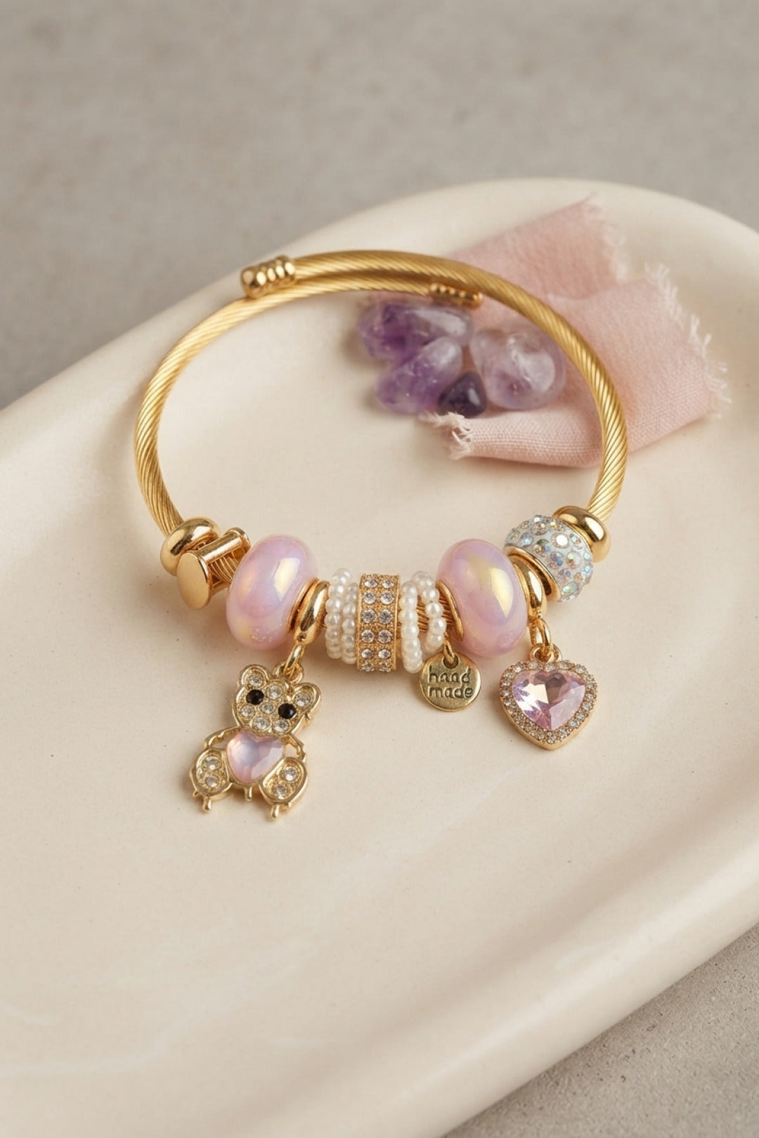 EBJ Pembe Renk Teddy Bear Model Gold Charmlı Bileklik - Rockville