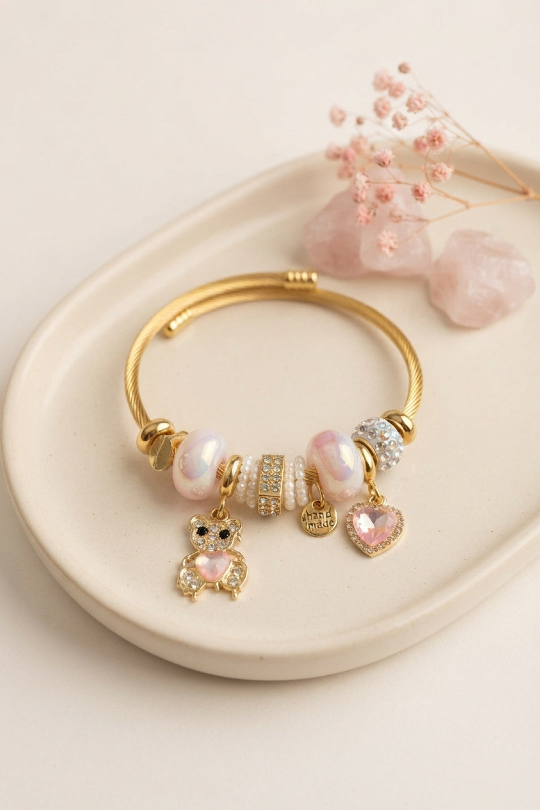 EBJ Tedy Bear Model Gold Renk Pembe Charmlı Bileklik - Klinë