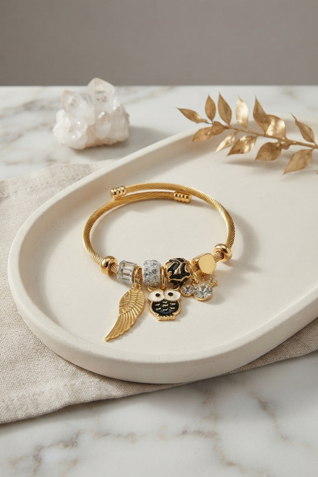 EBJ Siyah Baykuş Model Gold Renk Charmlı Bileklik - White Rock