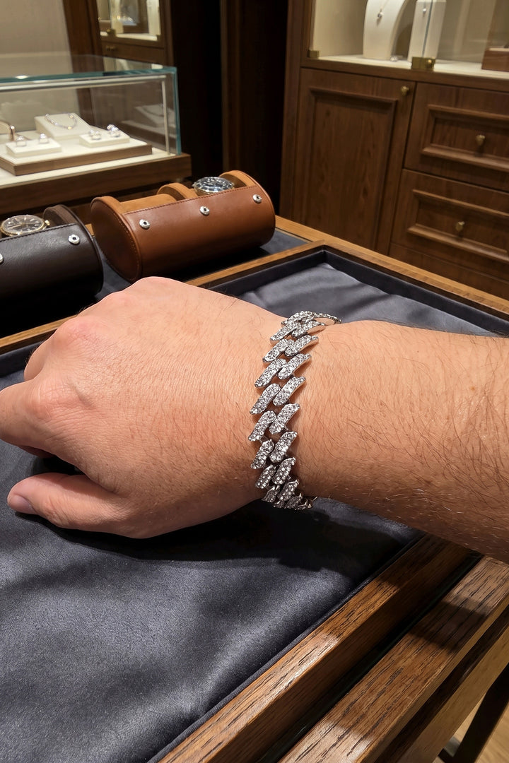 EBJ Gümüş Renk Zirkon Taşlı Cuba Zincir Model Erkek Bileklik - Collierville