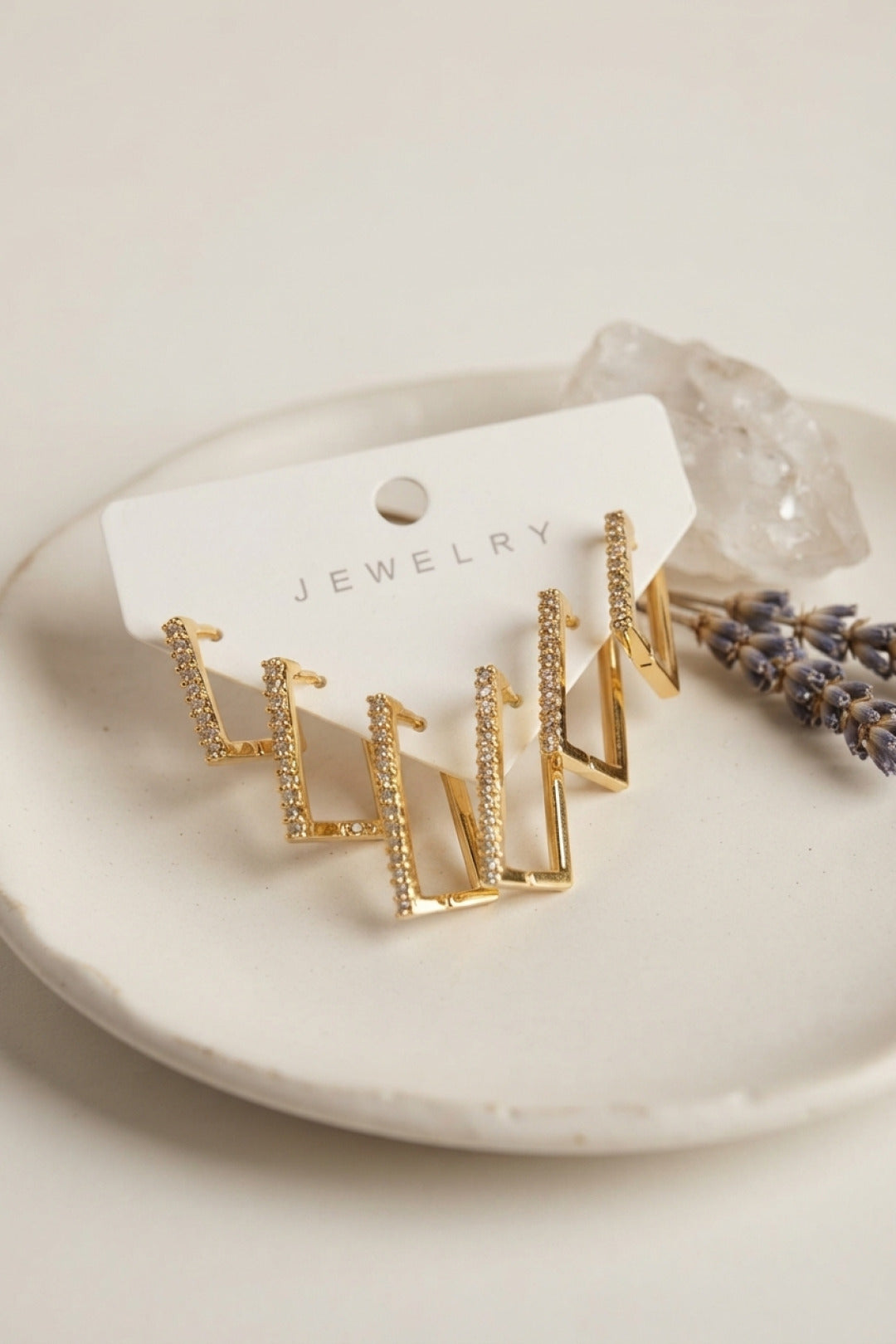EBJ Gold Renk Zirkon Taşlı Pirinç Kare Model Kadın Küpe Seti - Kamen