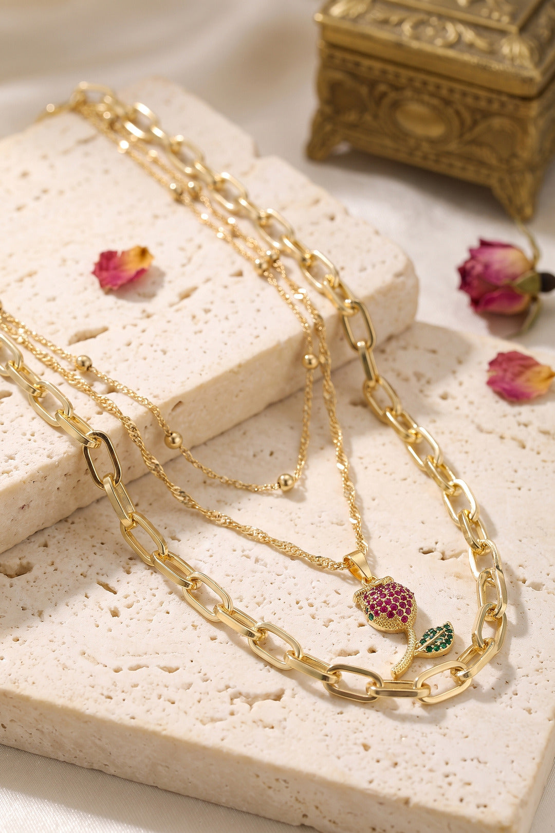 EBJ Gold Renk Lale Detaylı Kombin Kadın Kolye - Barking