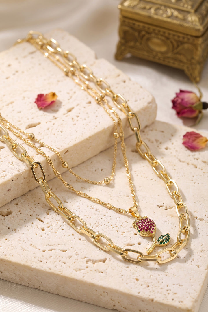 EBJ Gold Renk Lale Detaylı Kombin Kadın Kolye - Barking