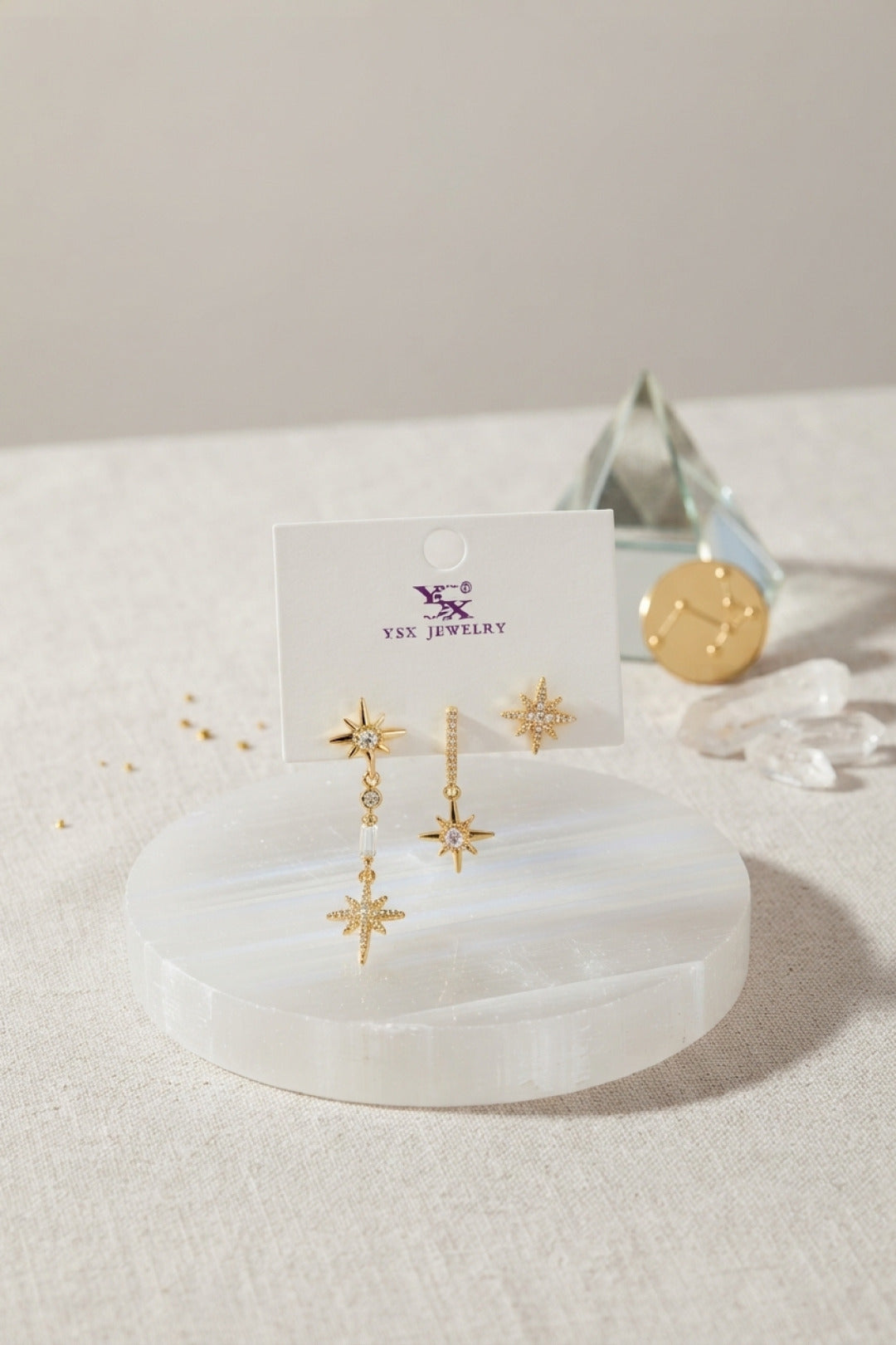 EBJ Pirinç Gold Renk Zirkon Taşlı Kutup Yıldızı Model Kadın Küpe Seti - Edgware