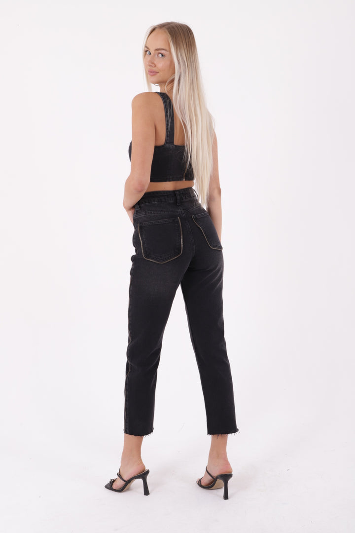 XLJ Mom Jean Side and Back Pockets with Stripe Zipper Mixed - Suceava
