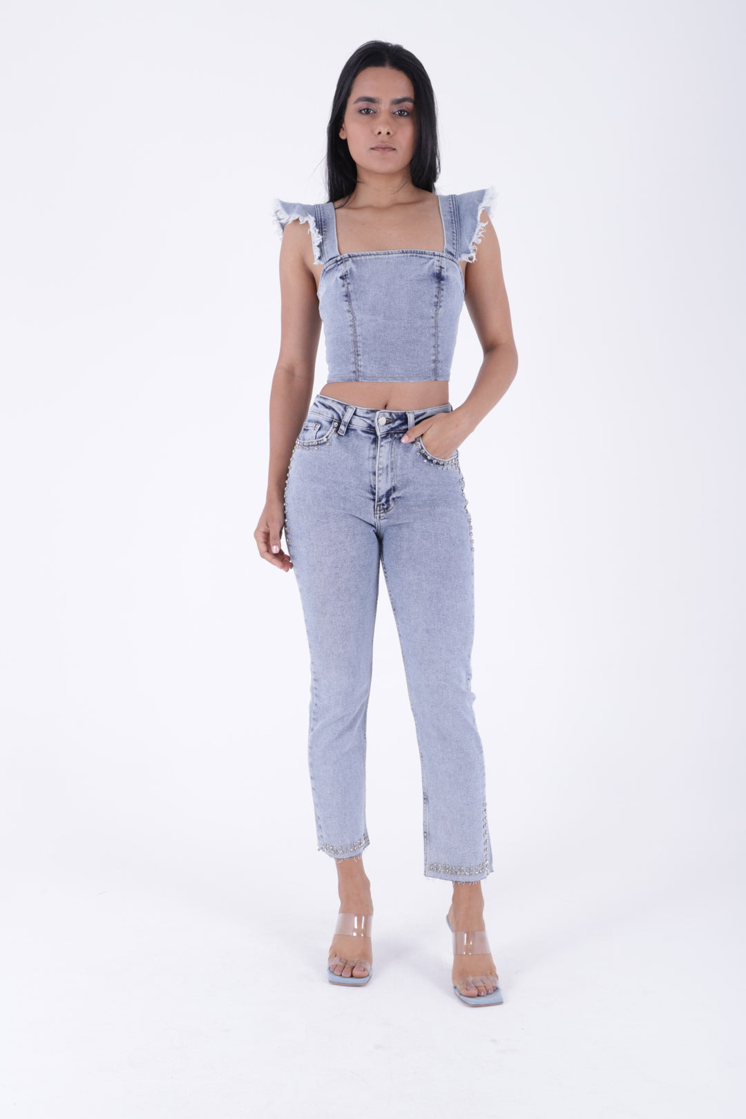 XLJ Mom Jean with Decorative Parts on Pockets and Hems  - Brentwood