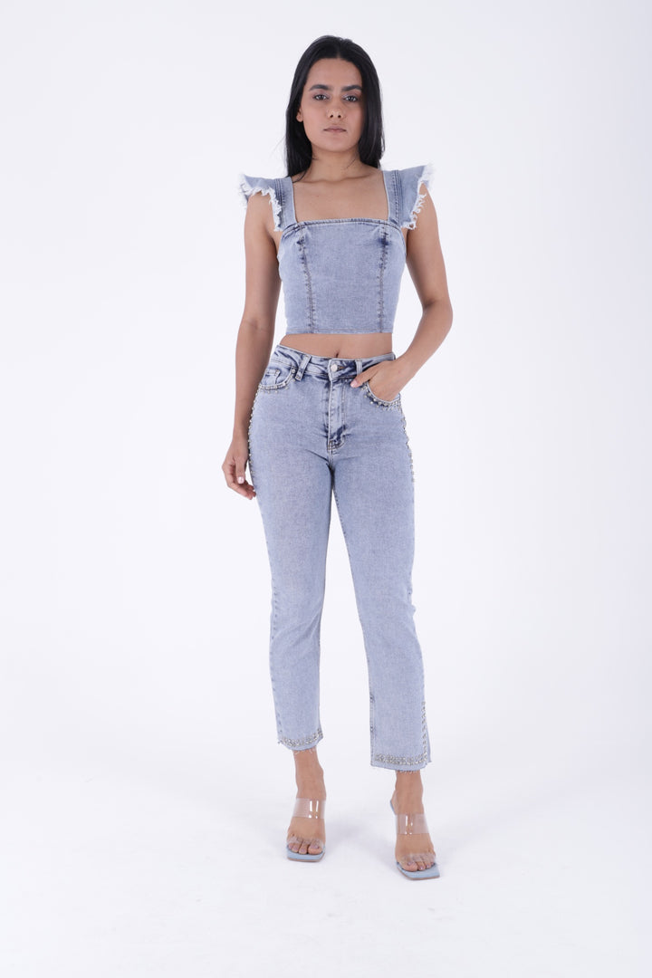 XLJ Mom Jean with Decorative Parts on Pockets and Hems  - Brentwood