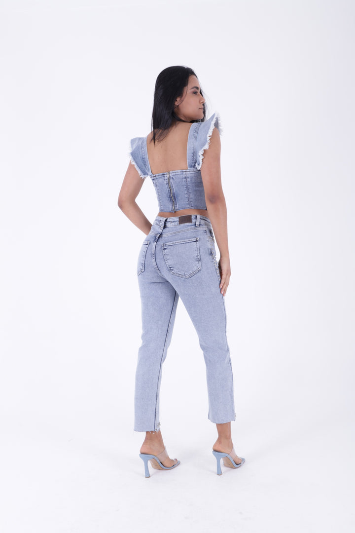 XLJ Mom Jean with Decorative Parts on Pockets and Hems  - Brentwood