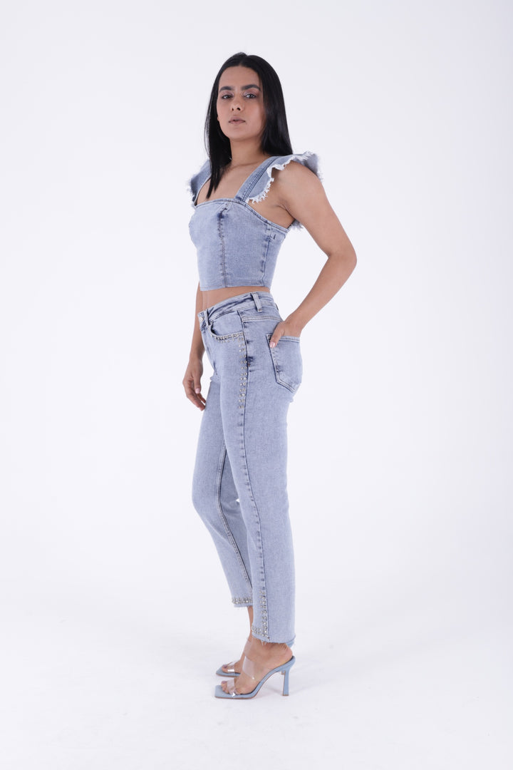 XLJ Mom Jean with Decorative Parts on Pockets and Hems  - Brentwood
