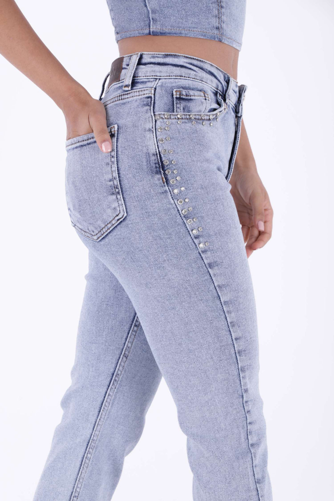 XLJ Mom Jean with Decorative Parts on Pockets and Hems  - Brentwood