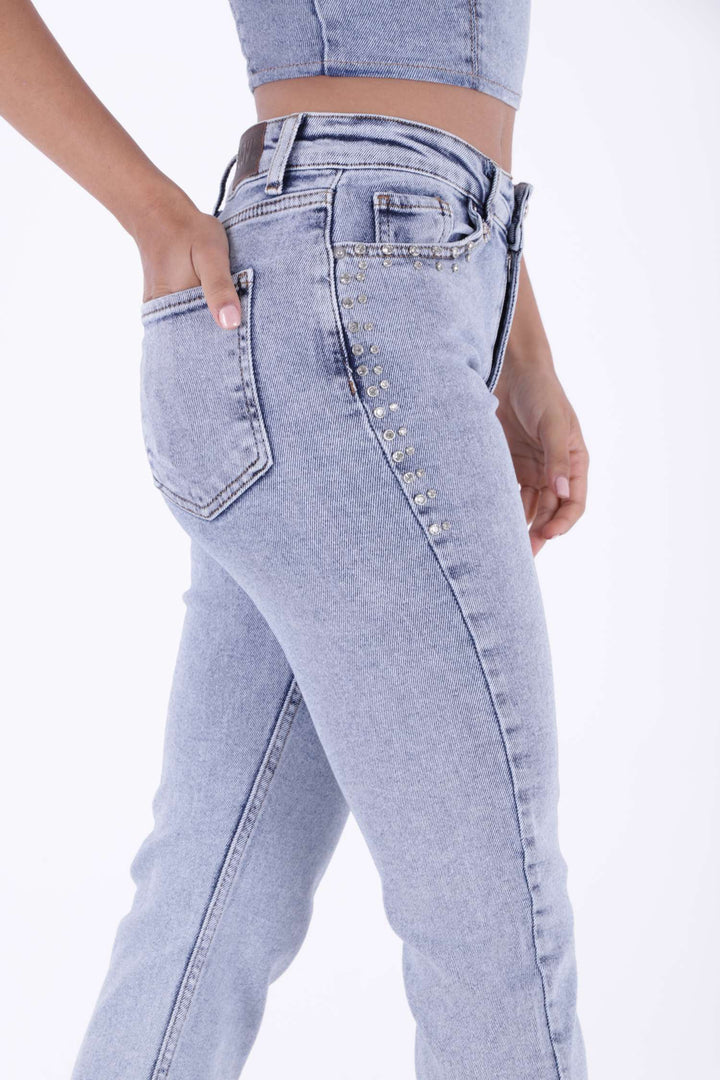 XLJ Mom Jean with Decorative Parts on Pockets and Hems  - Brentwood