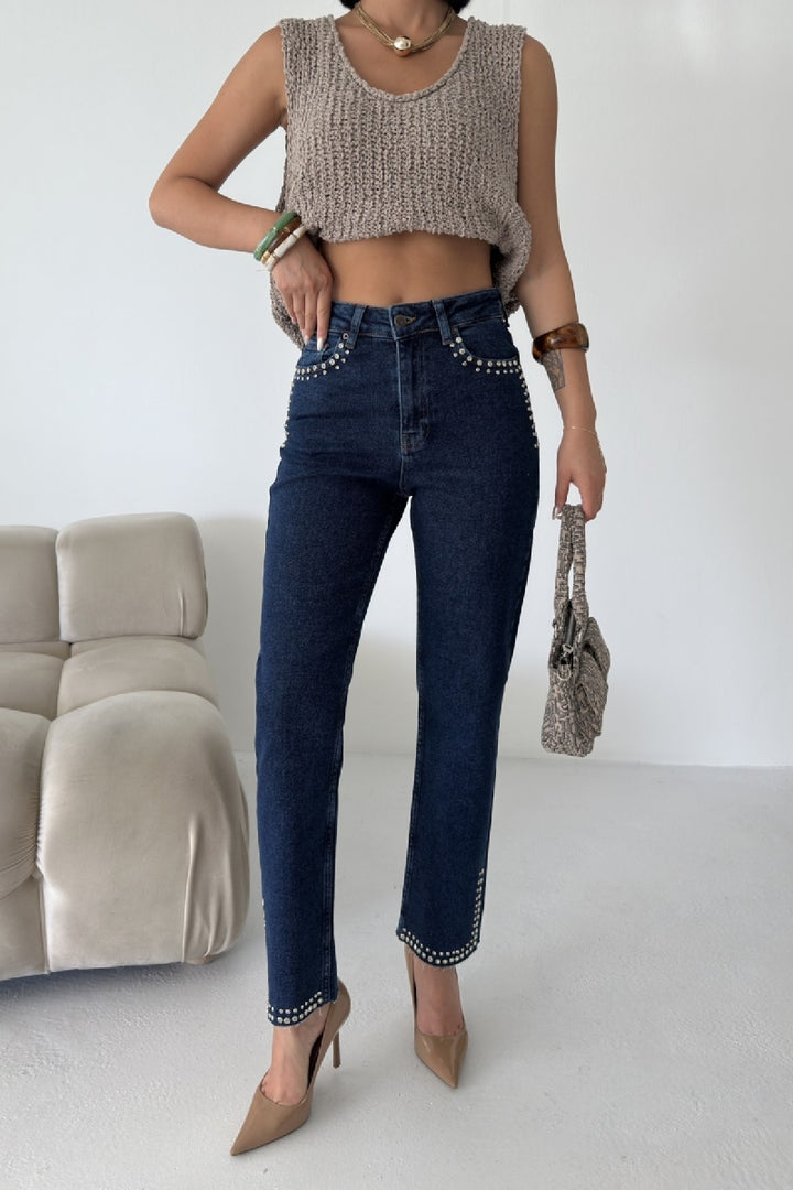 XLJ Mom Jean with Decorative Parts on Pockets and Hems  - Saratoga Springs
