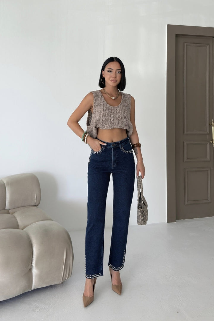 XLJ Mom Jean with Decorative Parts on Pockets and Hems  - Saratoga Springs