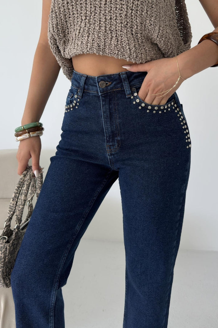 XLJ Mom Jean with Decorative Parts on Pockets and Hems  - Saratoga Springs