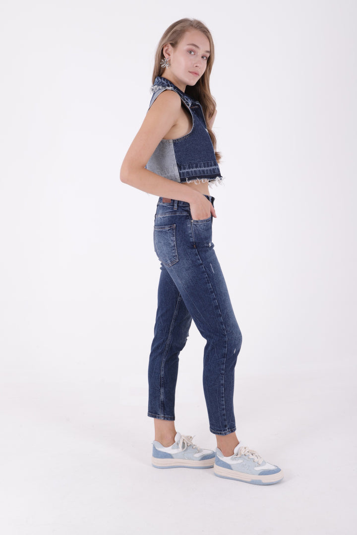 XLJ Destroy Lazer Detaylı Mom Fit Kot Pantolon - Albany