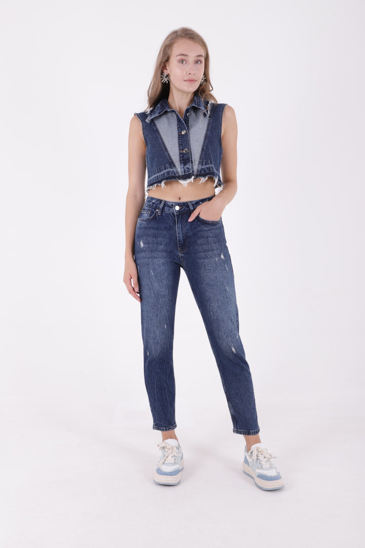 XLJ Destroy Lazer Detaylı Mom Fit Kot Pantolon - Albany