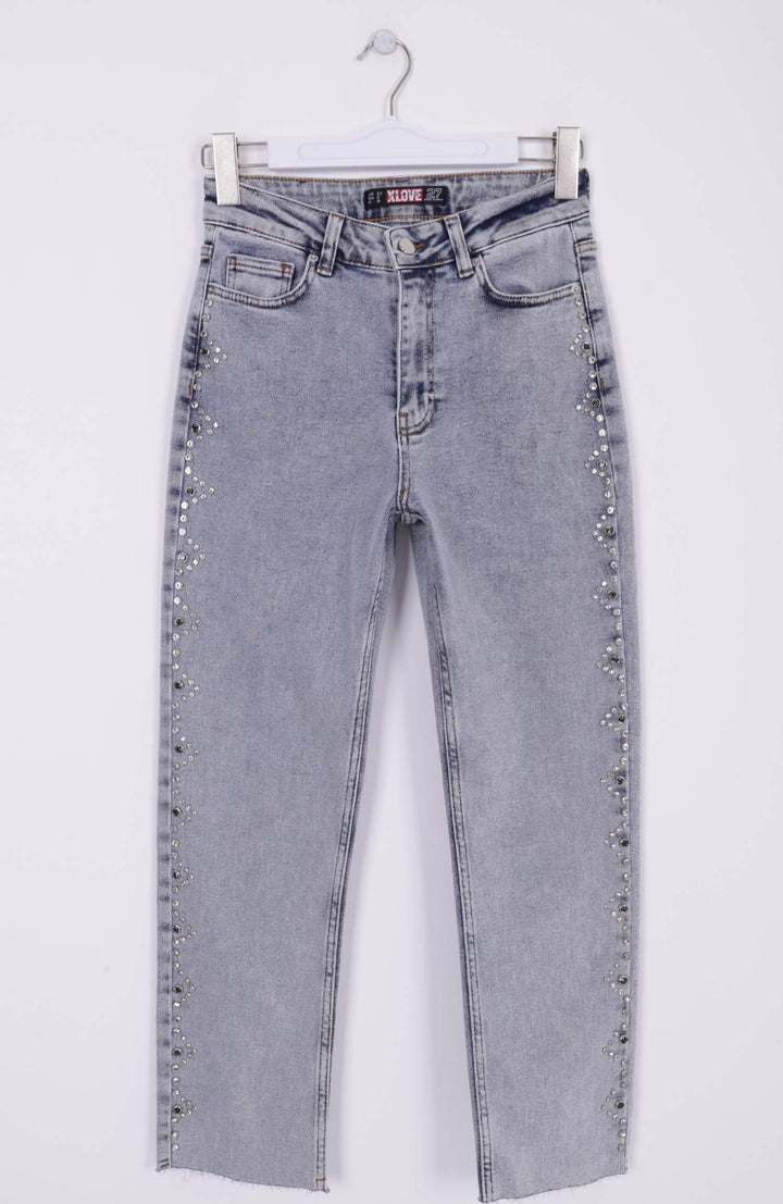XLJ Mom Jean with Decorative Metal Parts on Sides - Evergem
