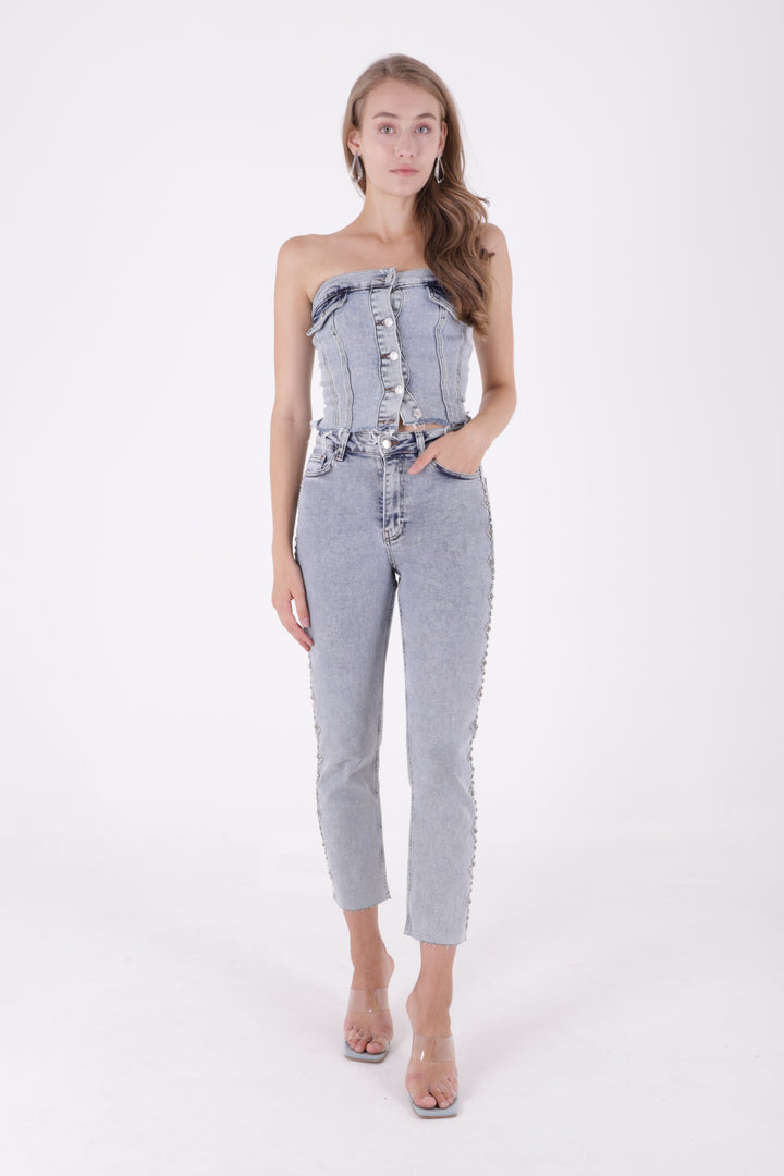 XLJ Mom Jean with Decorative Metal Parts on Sides - Evergem