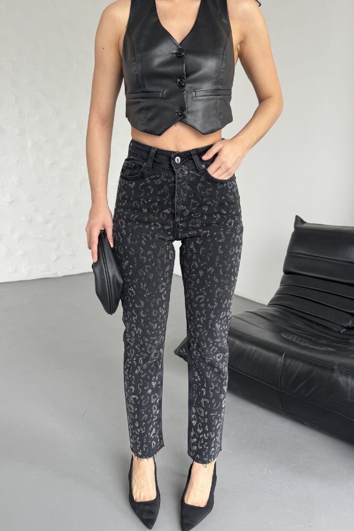 XLJ Mom Fit Jeans with Leopard Spot Shaped Rhinestones - Drogheda