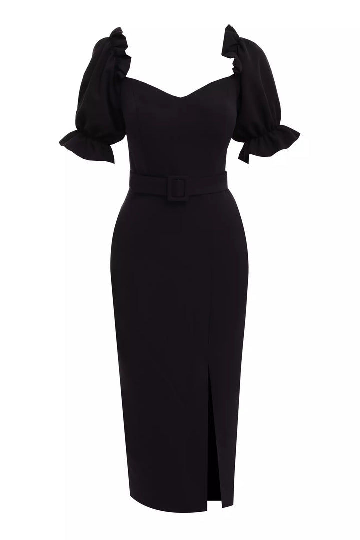 FRV Black crepe 3/4 sleeve midi dress - Ciudad de Allende