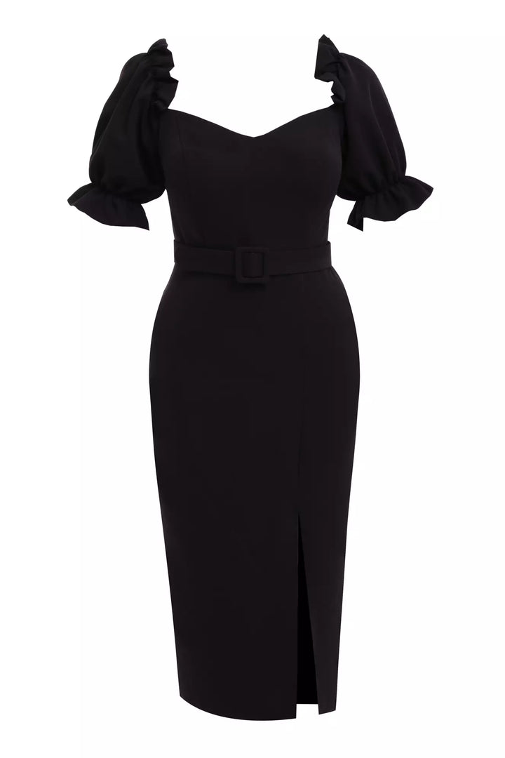FRV Black plus size crepe 3/4 sleeve midi dress - Lancaster