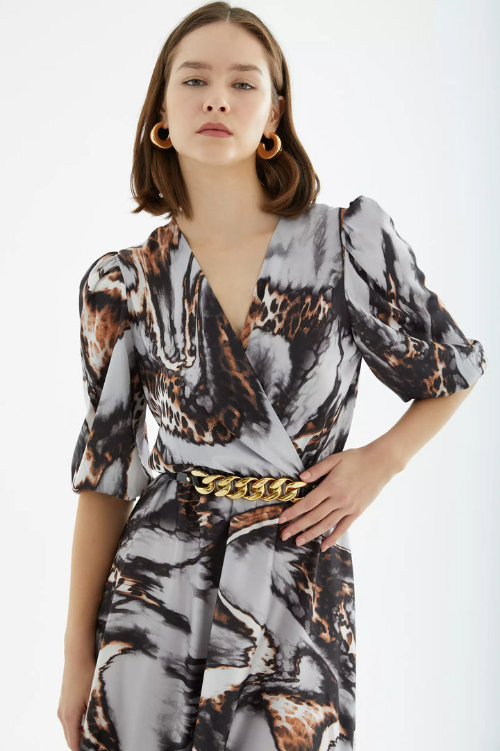 FRV Printed satin short sleeve midi dress - Kampen