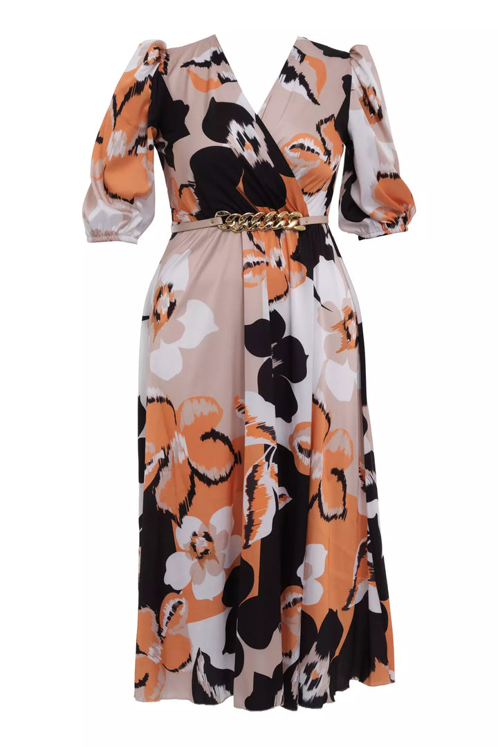FRV Printed plus size satin short sleeve midi dress - Wood Buffalo