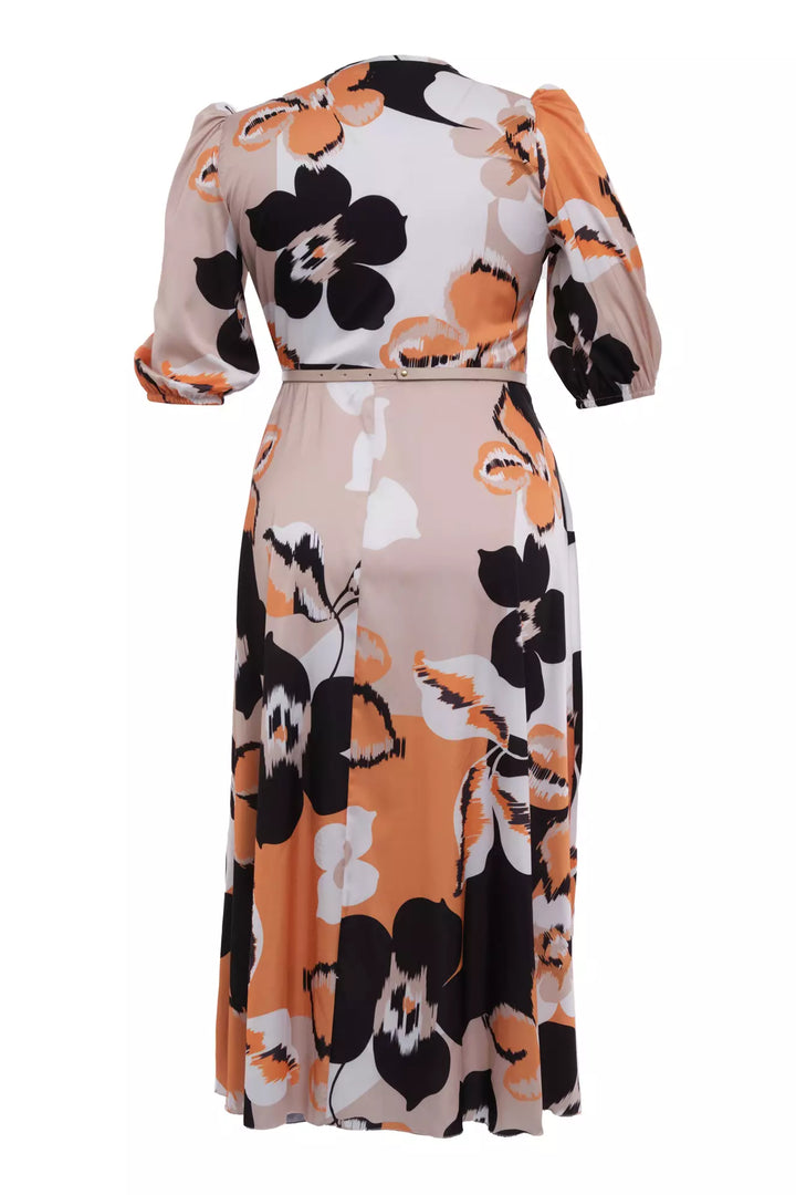 FRV Printed plus size satin short sleeve midi dress - Wood Buffalo