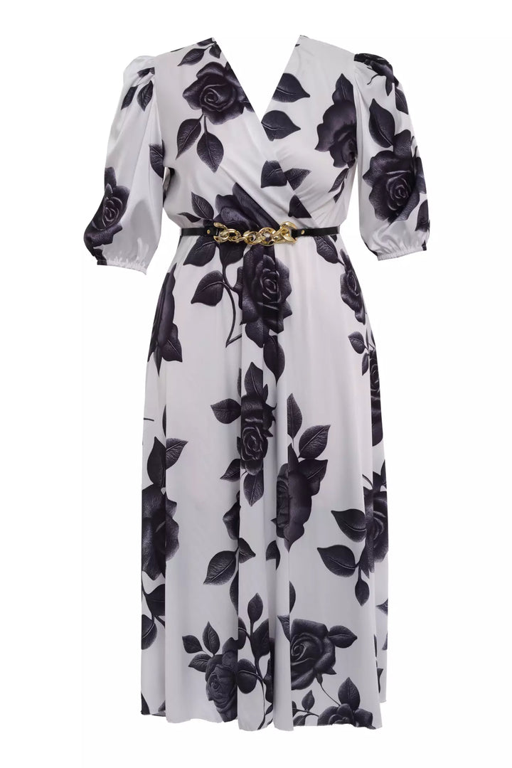 FRV Printed plus size satin short sleeve midi dress - Paredes