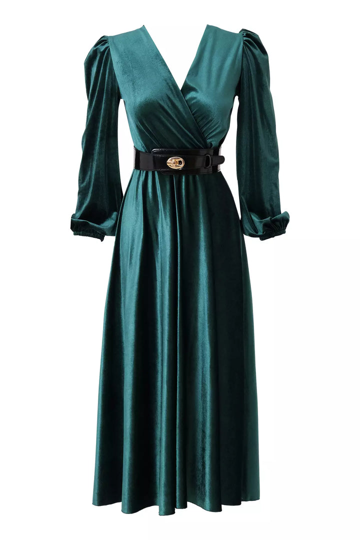 FRV Green velvet long sleeve midi dress - Saguenay