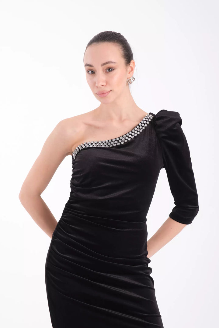 FRV Black velvet single sleeve mini dress - Beverwijk